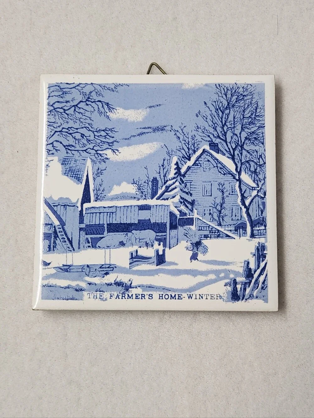 Vintage Currier & Ives Blue White Ceramic Wall Tile Plaque Set Cottagecore Folk